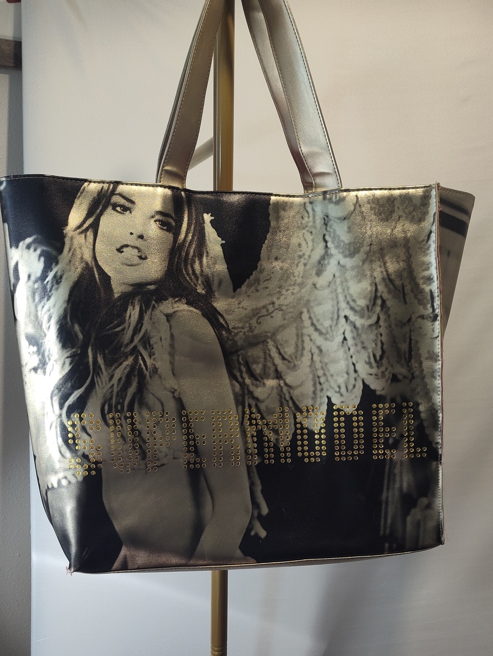 Victoria Secret Studded Metallic Black & Gold Tote Bag